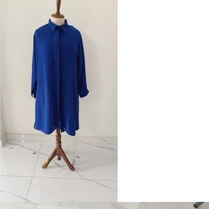 🌸 Blue & Green Long Sleeve Shirt Dress/ chiffon with lining